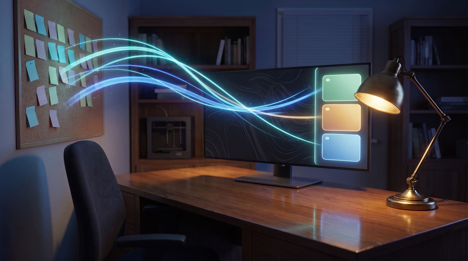A cork board of sticky notes with ribbons of light carrying them to a side panel on a monitor