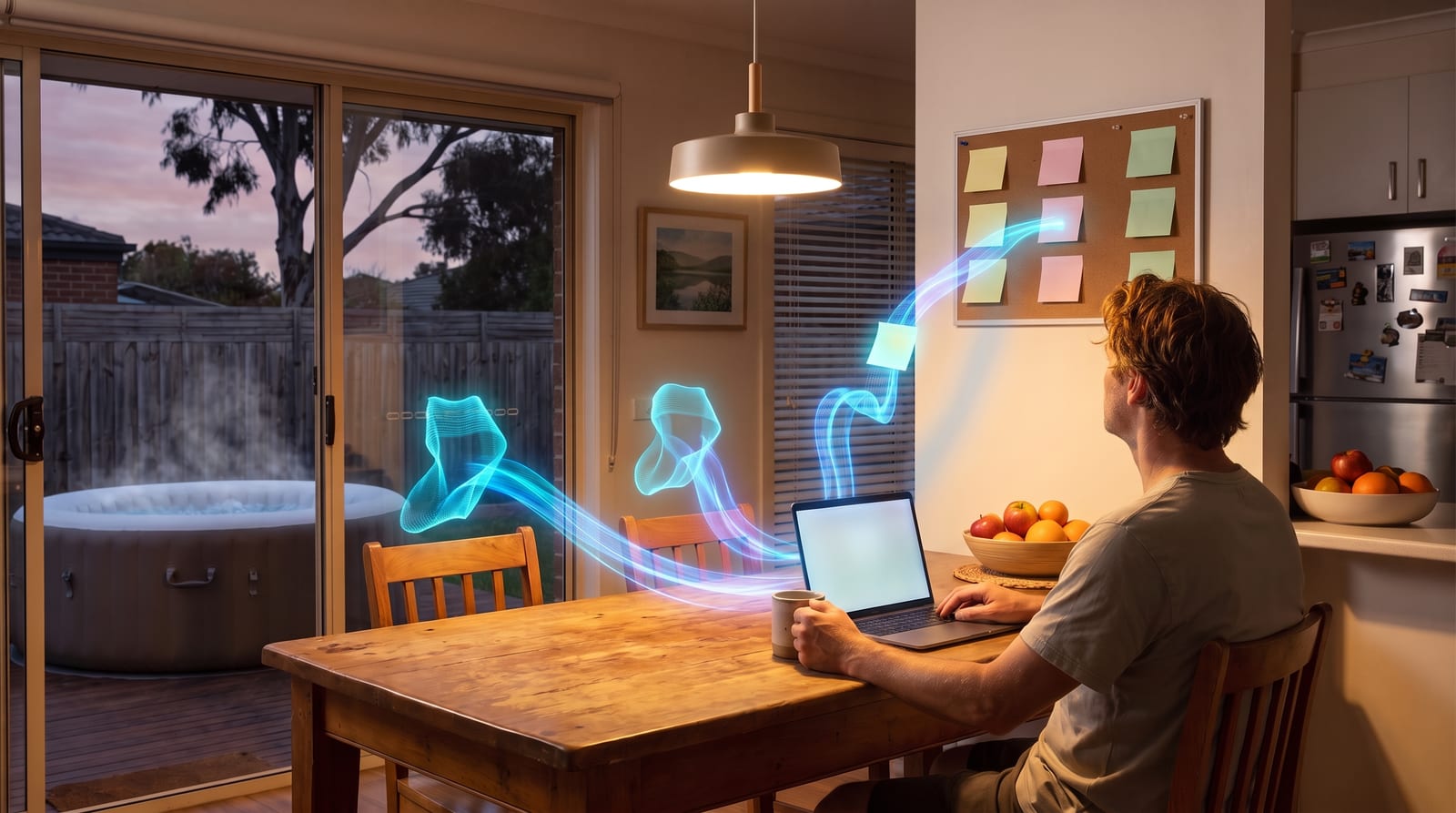 A man at a kitchen table with a laptop looks up at a task board of sticky notes, while forms of blue light hover over the empty chairs. A spa steams in the backyard beyond the glass door.