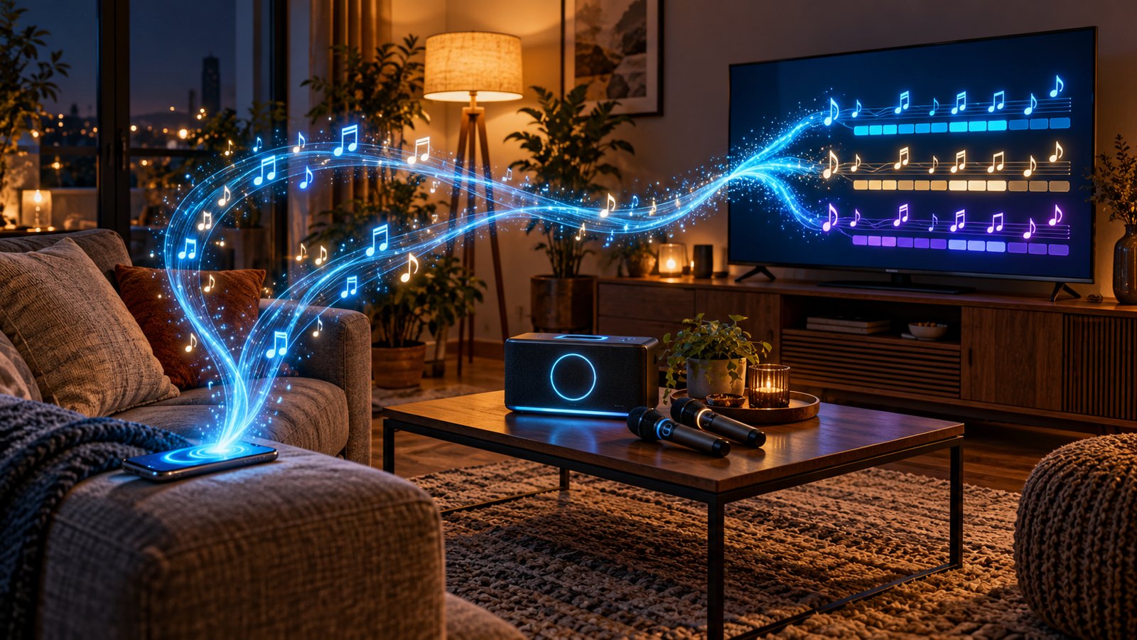A living room at night with a karaoke speaker and two microphones on the coffee table. Ribbons of blue light carry music notes from a phone on the sofa across the room to the TV, where they land in three tidy rows.