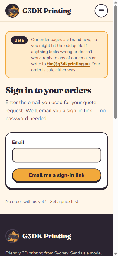 Sign-in: an email address, a link, no password. The Beta notice stays until the portal leaves beta.